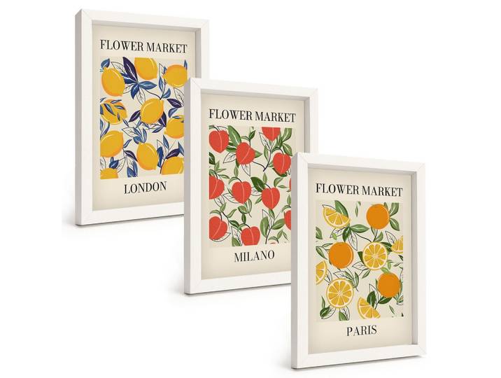 BILDER SET 3er Set - 20x30 cm Weißer Rahmen - Blumenplakate in Städten