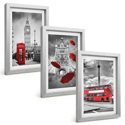 BILDER SET 3er Set - 20x30 cm Silberner Rahmen - Roter Regenschirmstand und Londoner Bus