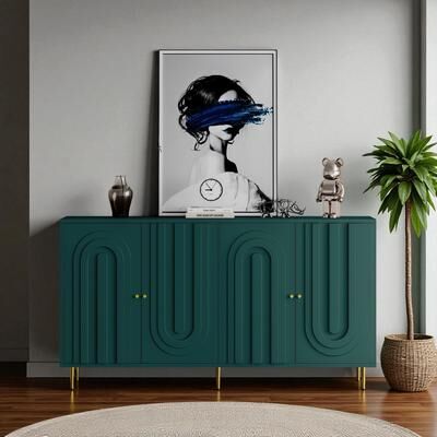 Fundinbaths Modern 4-Door Lacquered Sideboard Buffet Cabinet with Gold Legs, Adjustable Shelves for Living Room or Dining Room