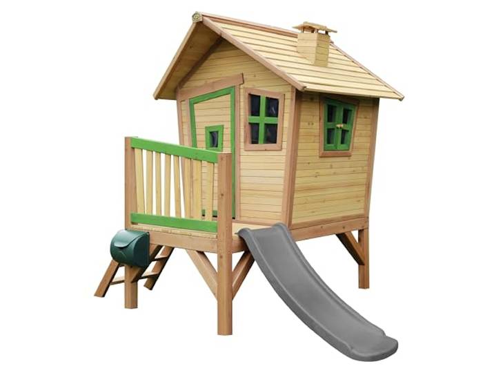 AXI Robin Spielhaus aus Holz in Braun & Grün mit Grauer Rutsche Kinderspielhaus, Stelzenhaus mit Veranda & Rutsche für Kinder, FSC Holz, Podesthöhe 58 cm