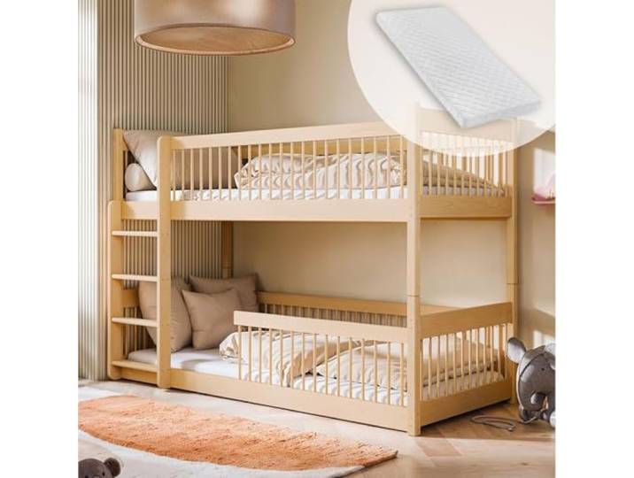 Hochbett Kinder Etagenbett Kinderbett Massiv Kiefernholz abgerundete Kanten, umbaubar zu 2 Betten, inkl. 2 Matratzen Größen: 80x180, 90x190, 90x200 cm 80x180 cm von 3. bis 12. Lebensjahr Natur