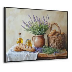 LEINWAND Bilder mit Rahmen - Lavendel - Brot - Stilleben - 80x60