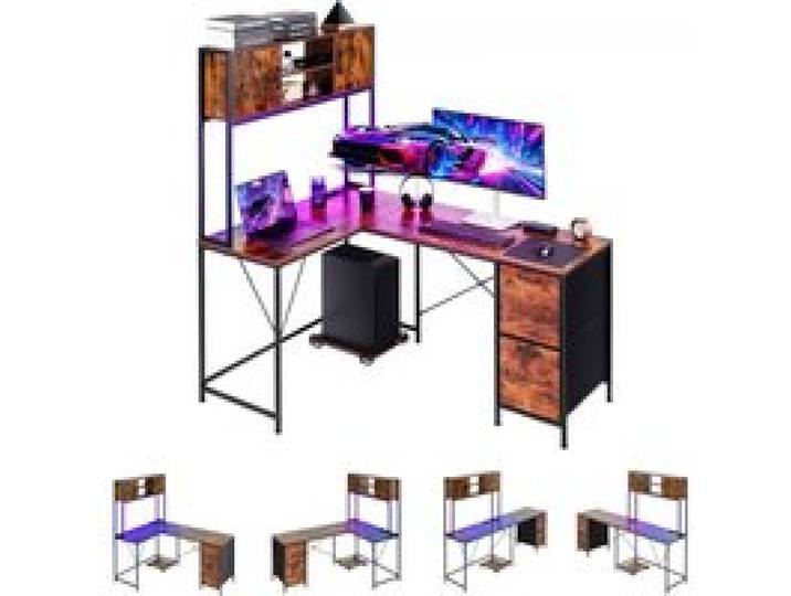 VEVOR Gaming-Schreibtisch L-Förmig, Ecktisch mit LED-Beleuchtung, 1,58 m Eck-Computertisch mit Steckdosen, Verschiebbarem CPU-Ständer & Aufbewahrungsschubladen, PC-Gamertisch für Homeoffice