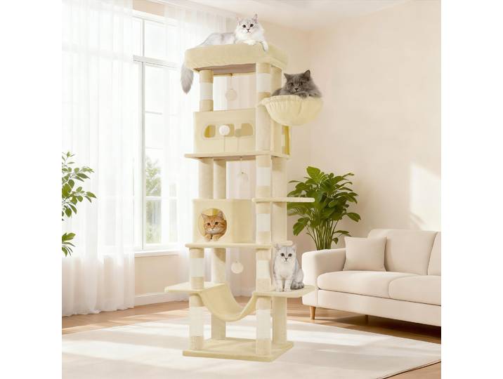 Grand poteau à gratter pour chat de 170 cm, 8 postes à gratter, 2 grottes, grandes plates-formes, boules en peluche, poteau à gratter multi-niveaux pour chat, beige
