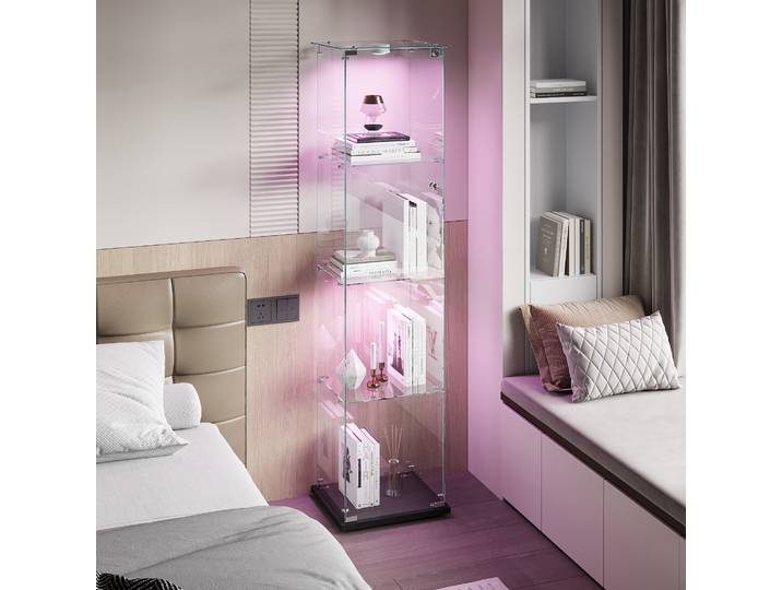 Vitrine en verre Comanlai 39,8 x 35 x 163 cm, vitrine à 4 niveaux, vitrine avec éclairage LED, 1 porte, noire