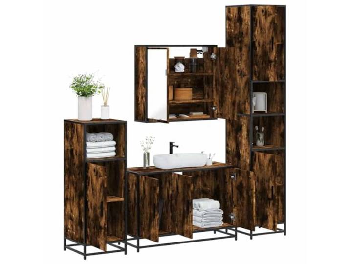 pokgdf 4-TLG. Badmöbel-Set Räuchereiche Holzwerkstoff mit Metallgestell Waschbeckenunterschrank, Spiegelschrank, Lowboard, Wandmontage, feuchtigkeitsbeständig, stabil, platzsparend