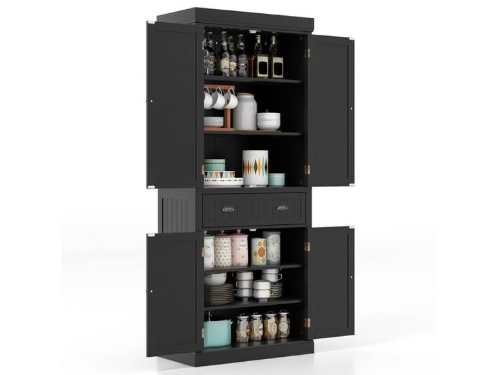 GOPLUS Buffet Haut de Cuisine avec 4 Portes et 2 Tiroirs 76x40x183CM-Étagères Réglables pour Salle à Manger/Cuisine Noir
