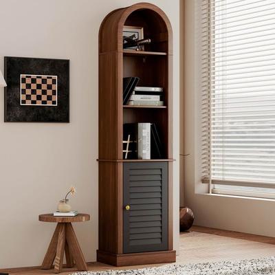 Tall Arched Corner Bookshelf with Shutter Door, Narrow Wooden Corner Display Cabinet, Freestanding Corner Storage Rack