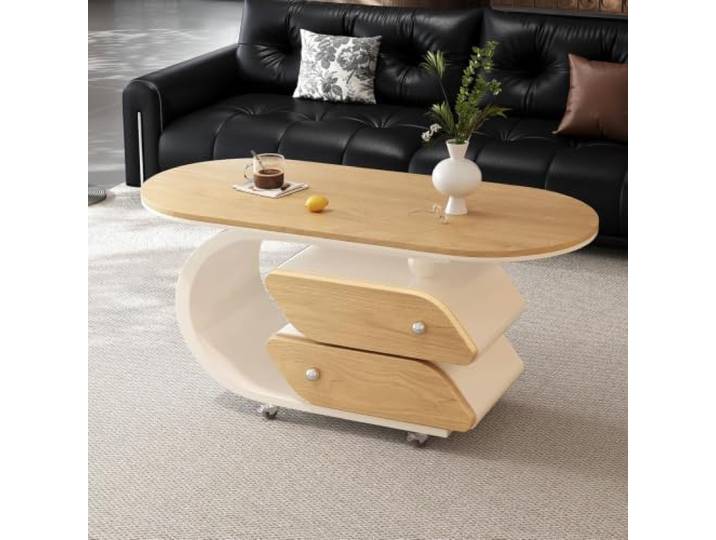 HLDJYLZS Ovaler Couchtisch aus Holz mit Rollen, Vintage-Stil Tablettdesign aus Massivholz, ovale Form, Lenkrollen, italienischer Retro-Stil, Wabi-Sabi-Design, kleine Räume, Wohnzimmer