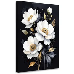 LEINWANDBILD, Weiße Blumen auf schwarzem Hintergrund