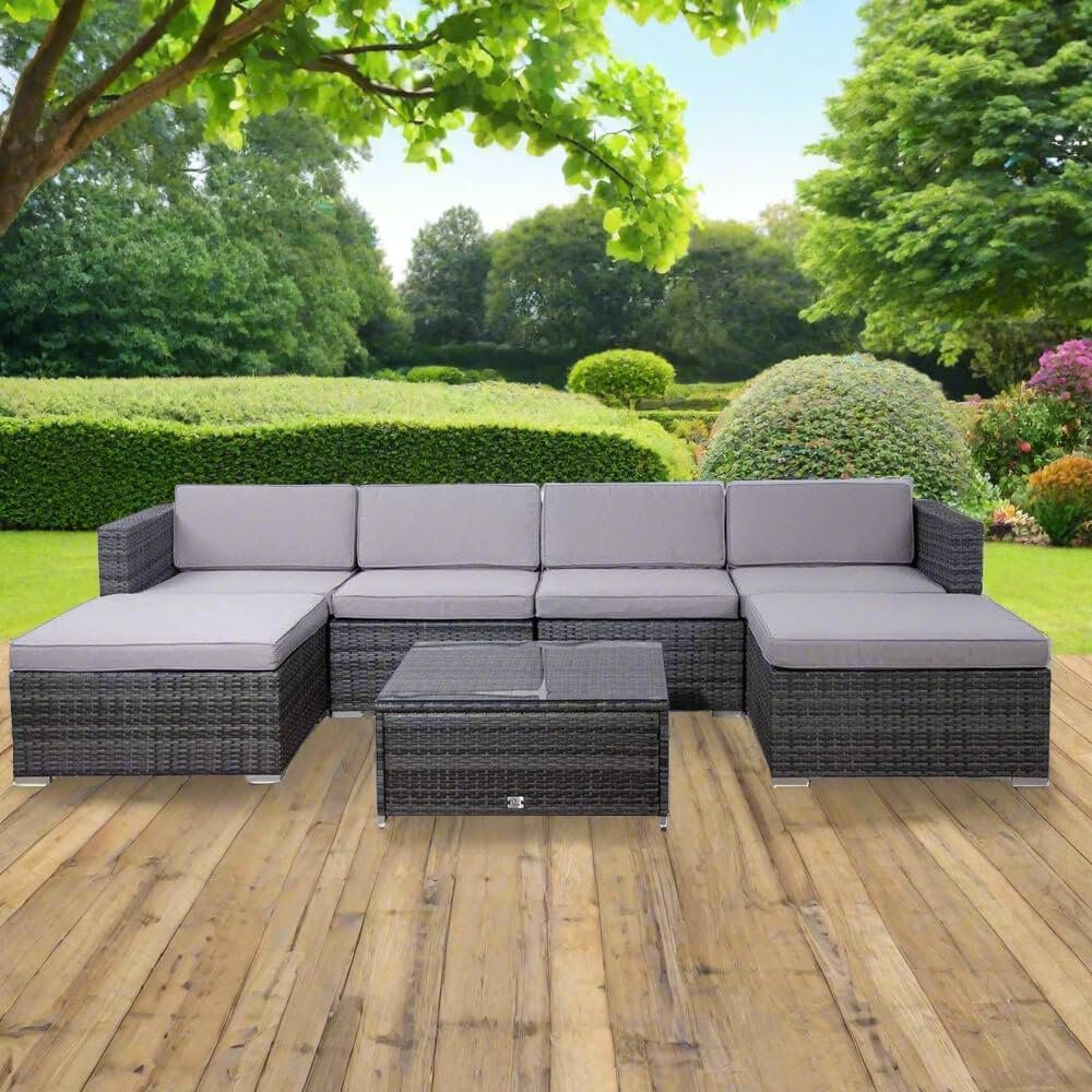 Brayden Studio Bhupendra 6 Seater Outdoor Rattan Garden Furniture Set Wicker Sofa Coffee Table Grey/Grey 6