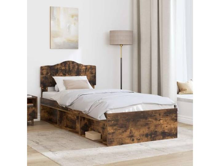 KTHLBRH Bettgestell Eiche Rauchgrau 90 x 190 cm Kiefer massiv Technisches Holz, Kopfteil inklusive, rechteckiges Design, modernes Zimmer