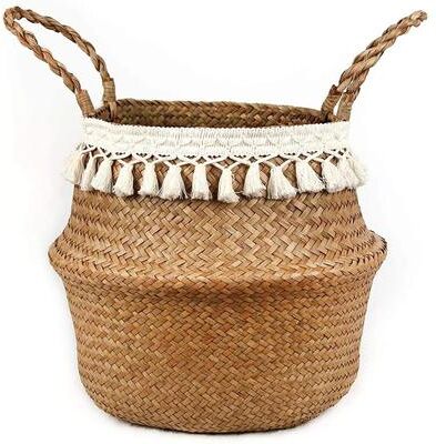 Inspire Select Macrame Seagrass Belly Basket With Tassels Woven Storage Basket For Laundry, Toys, Plants & Home Decor single Layer Tassel