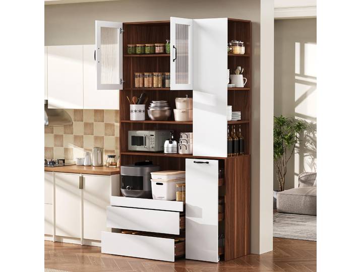 MODFU Küchenschrank Hochschrank mit Schubladen und verstellbaren Regalböden Aufbewahrungsschrank mit ausziehbaren Regalböden und Glastüren Buffetschrank mit Offener Stauraum Ideal für Esszimmer, Wohnzimmer Weiß+Walnuss
