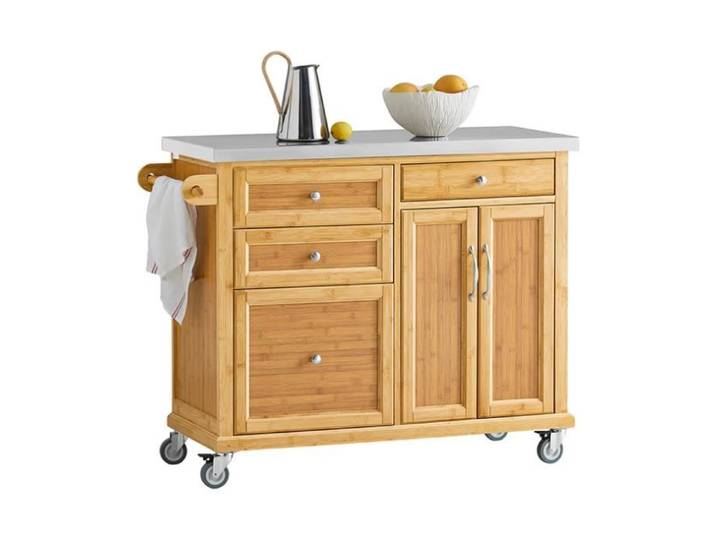 SoBuy Desserte Roulante de Cuisine en Bambou avec Grand Plateau Inox 4 Tiroirs 2 Portes et Armoire de Rangement 115x46x92cm