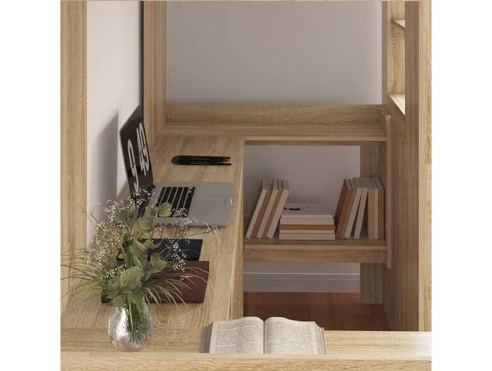 SKTQYQO Hochbett mit Schreibtisch Eiche Sonoma Ingenieuriertes Holz, Schreibtisch und Regale enthalten, Einzelbett, für Studium und Arbeit