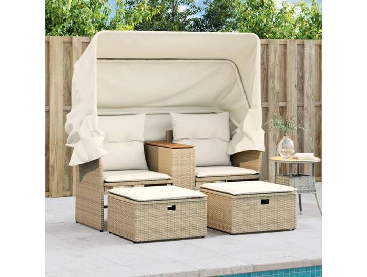 Beige Siège de jardin - Canapé de jardin - 2 places - avec auvent et tabourets beige rotin C3528