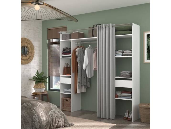 Dressing double ARTIC - L 198 x P 40 x H 203 cm - Blanc + rideau Made in France