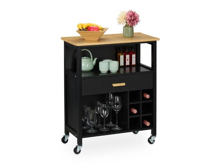 Relaxdays Desserte de cuisine pour 6 bouteilles tiroir spacieux plan de travail 80 x 65 x 35 cm noir et nature