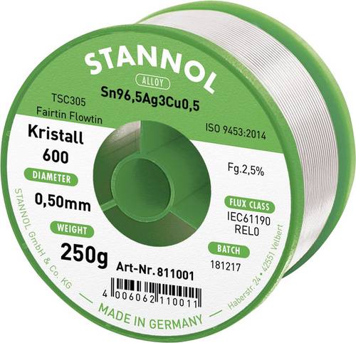 Stannol Kristall 600 Fairtin Lötzinn, bleifrei bleifrei Sn96,5Ag3Cu0,5 REL0 250g 0.5mm