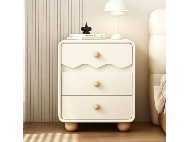 Nachttisch aus Holz Dekorativer Beistelltisch 3 Schubladen Niedlich Modern Mit Stauraum Runde Tischbeine Für das Schlafzimmer(White,30cm/12in)