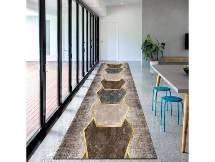 Geometrischer Läuferteppich, rutschfeste Wohnzimmerteppich-Läufermatte Weiche, rutschfeste, leicht zu reinigende Bodenmatte für Flur, Balkon, Nachttisch, Braungold,(100×450cm)