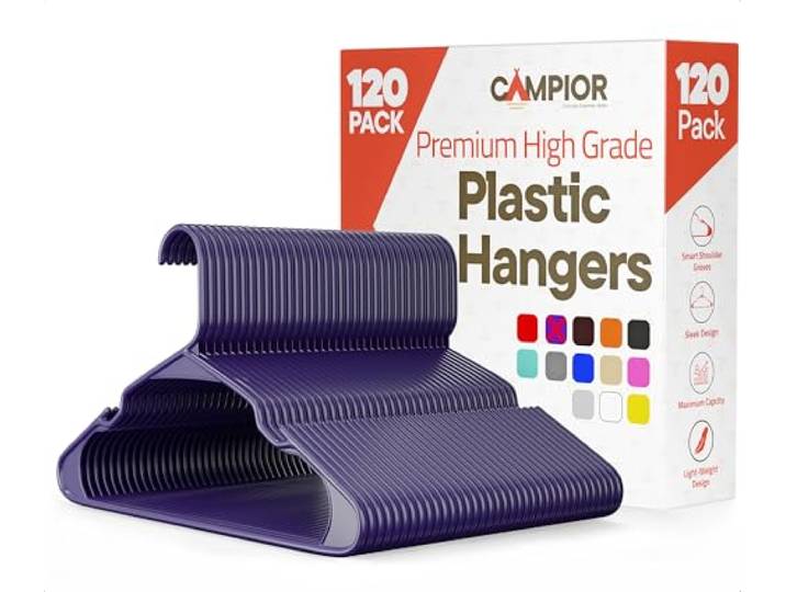 Campior Kleiderbügel aus Kunststoff, robust, platzsparend, rutschfest, langlebig und leicht, Violett, 120 Stück