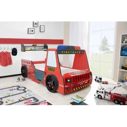 Autobett Kinder 90x200 cm Feuerwehrbett "Rio Firetruck" mit LED-Licht und Sirenenoptik
