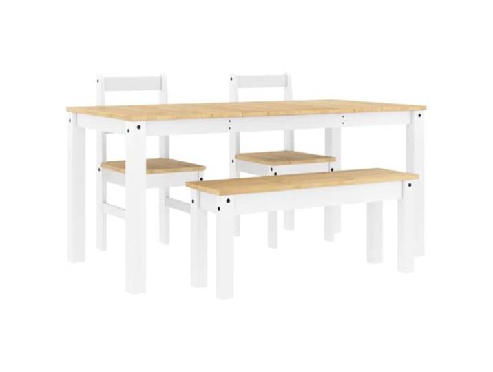 4-tlg. Essgruppe PANAMA Weiß Massivholz Kiefer Esstisch mit Bank, Kiefernholz, weiße Oberfläche, Esszimmer, Küche, max. 110 kg pro Sitzplatz