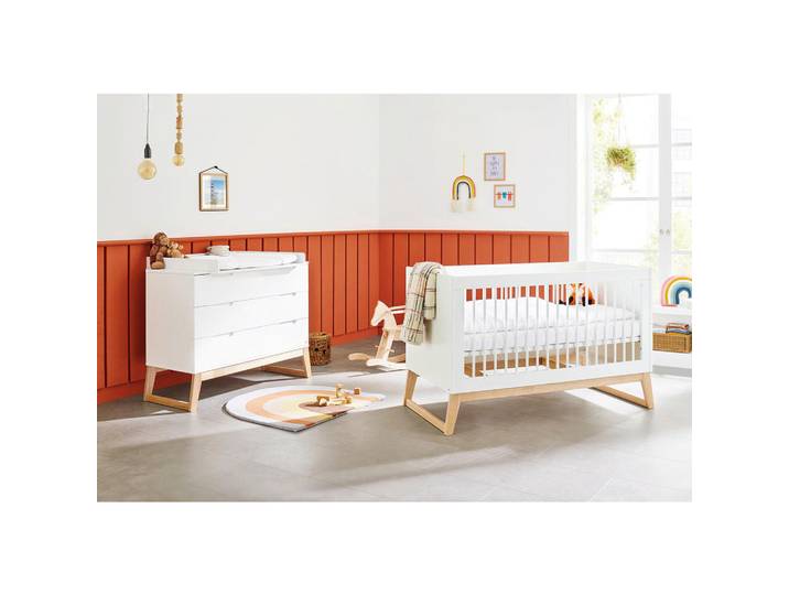 Pinolino Babyzimmer Bridge, Weiß, Esche, Holz, Esche, massiv, 3 Schublade(n) Schubladen, zum Juniorbett umbaubar, höhenverstellbar, Sprossen mit Normabstand, Aufbauanleitung im Karton, Lattenrost inklusive, Schlupfsprossen, Babymöbel, Babyzimmer-Sets