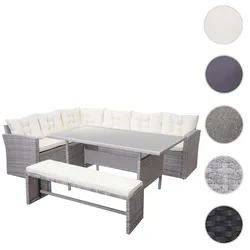 Poly-Rattan-Garnitur HWC-A29, Gartengarnitur Sitzgruppe Lounge-Esstisch-Set Sofa ~ hellgrau, Kissen creme + Bank
