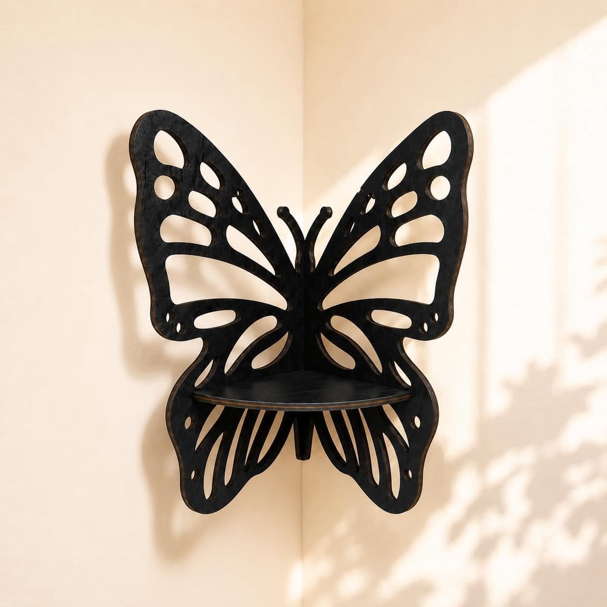 PZCC Houten Vlindervormige Zwevende Hoekplank - Zwart - 26 x 23 cm
