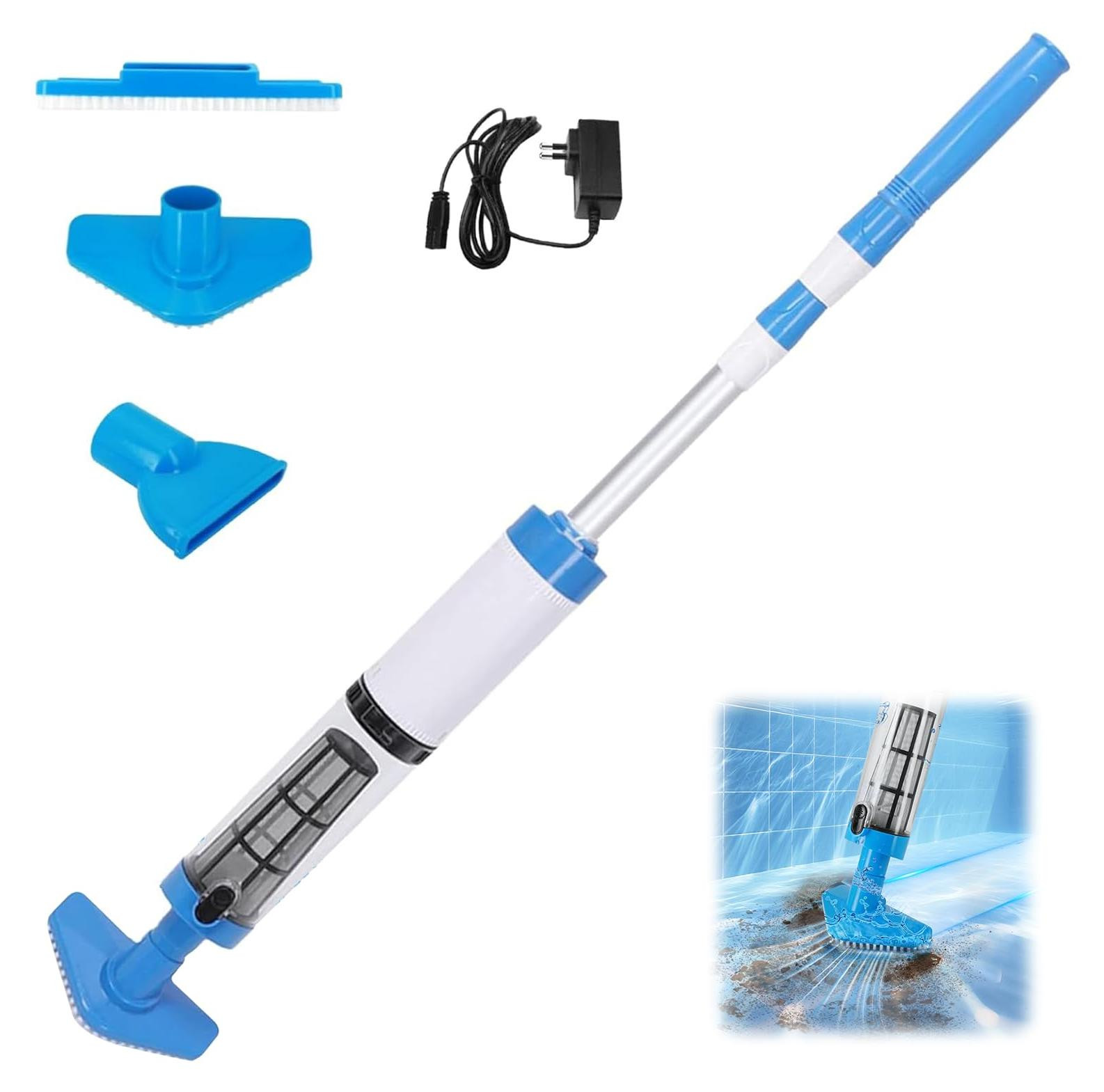 Selius Draadloze Zwembadstofzuiger met Accu - Blauw - Lengte: 165 cm
