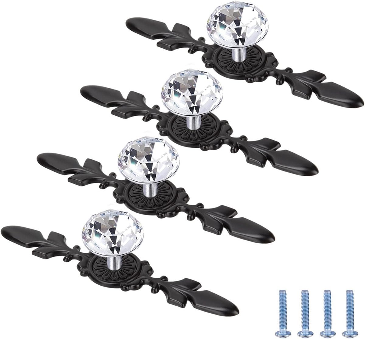 Luxe Kristallen Ladeknoppen Diamantvorm met Zwarte Plaat - 4 Stuks