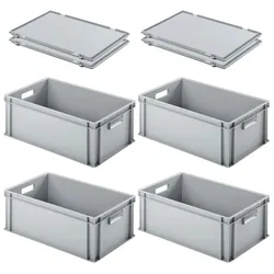 PROREGAL 4x Eurobehälter mit offenem Griff und Scharnierdeckel | HxBxT 22x40x60cm | 38 Liter | Grau | Eurobox