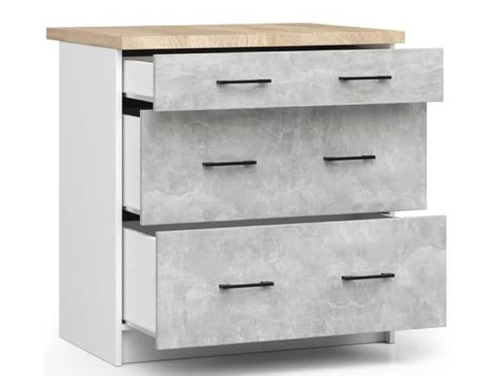 BDW Küchenschrank OLIWIA S80-16 mm Schichtstoffplatte - ABS-Furnier - Modernes Design - Langlebig und verschleißfest - Einfache Montage - 3 Schubladen - 80 cm - Weiß/Beton