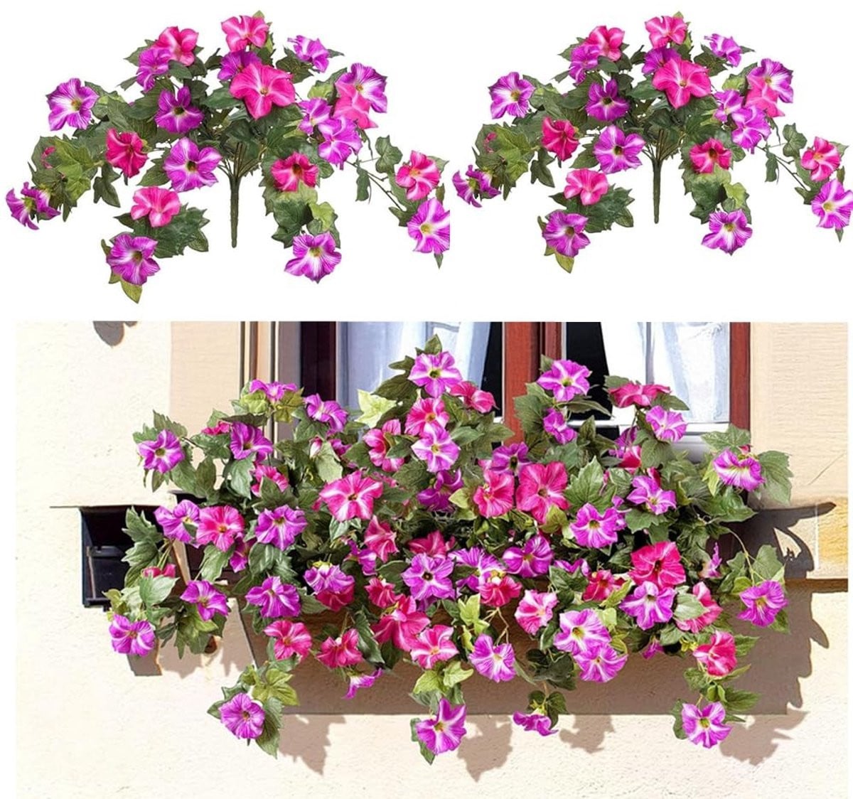 Dailygoods NatureMan Kunstbloemen voor buitenplanten decoratie, 2 stuks faux petunia's, UV-bestendige zijde, paars rood