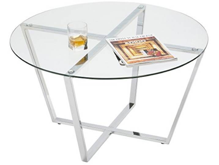 Mango Steam Round Metro Glas Couchtisch/Beistelltisch/für Wohnzimmer & Esszimmer – (Durchsichtige Platte, Verchromter Sockel)