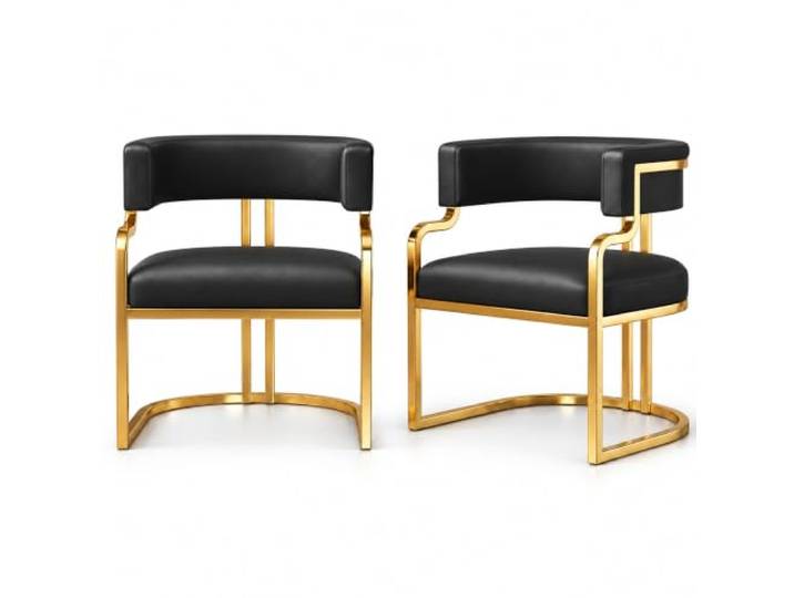 JS Ellie Esszimmerstuhl Kunstleder mit Armlehnen, Metallgestell in Gold Gebogene Lehne, Polstersitz, Pflegeleichter Bezug für Esszimmer, Büros und Empfangsräume(Black,set of 2)