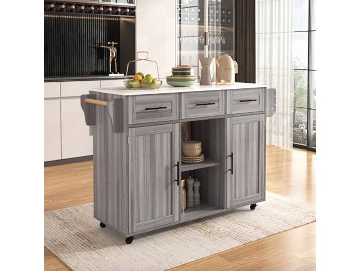 139x46(71)x91.5 cm großer Servierwagen/Beistellschrank, graues Massivholz-Furnier für den Korpus + weiße Marmor-Furnierdekoration für die Arbeitsplatte, Schrank/klappbare Arbeitsfläche/Stauraumtüren/r