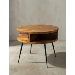 Couchtisch Sheesham Massivholz Metall, Ablagefunktion, 60x45x60 cm, Braun Rund