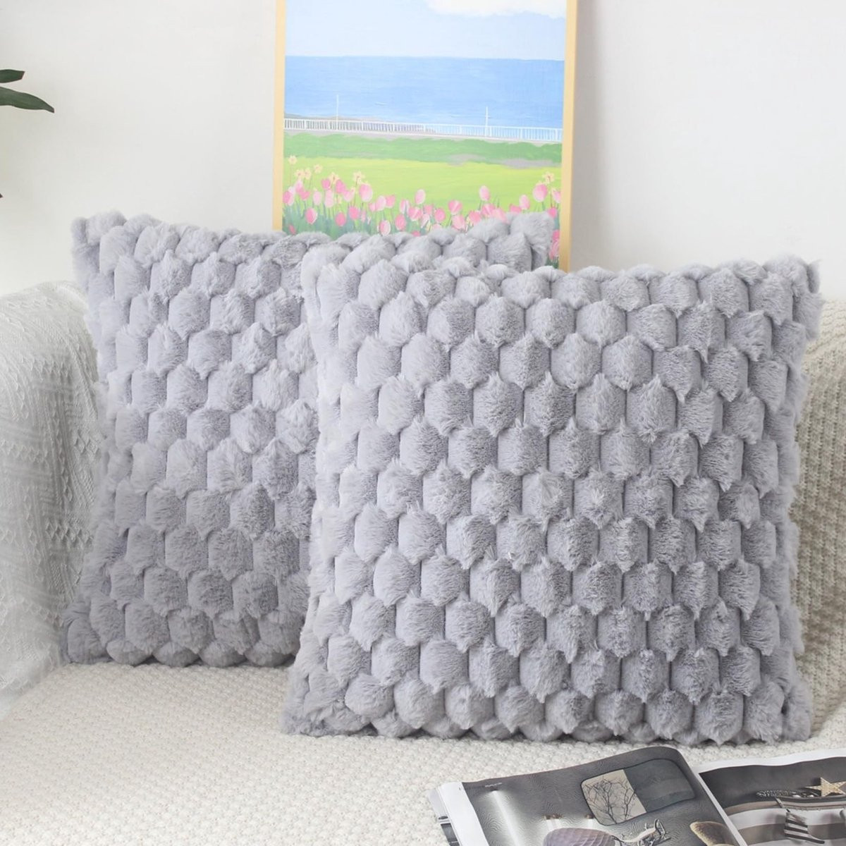 Set van 2 Fluffy Kussenslopen Grijs