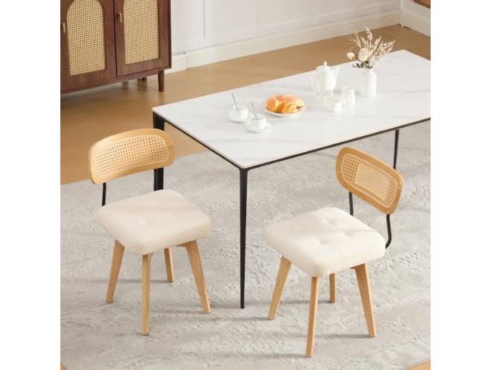 Bellemave Esszimmerstühle 2er Set,360°drehbar,Rattan-Lehne,Chenille,Beige 150kg Tragfähigkeit, höhenverstellbare Bodenschrauben, ergonomische Form, Mid-Century Stil, belastbarer Metall-Sockel