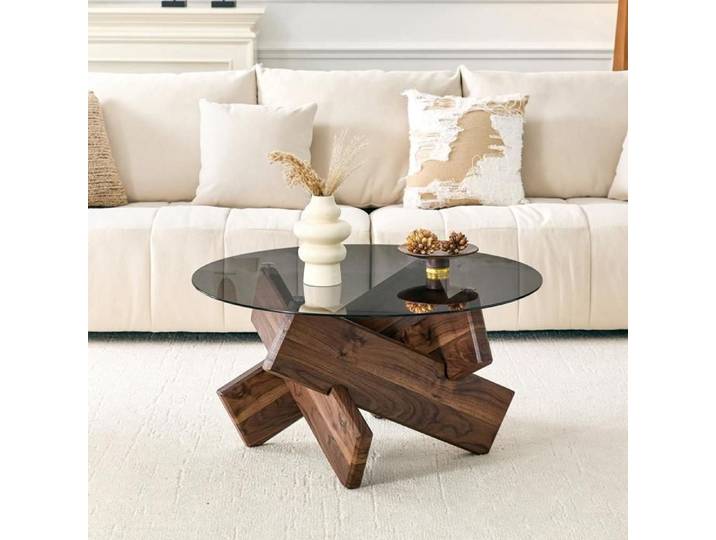 Table Basse Ronde Pieds en Croix Créatifs Plateau en Verre Trempé Table de Salon Moderne 79cm Table d'appoint Pour Salon Noyer
