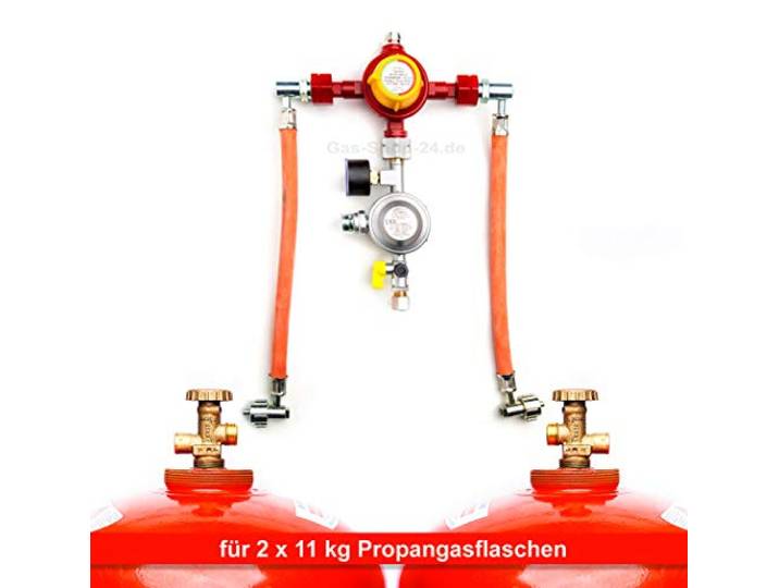 Automatische 50 mbar Zweiflaschenanlage für 11 kg Propangasflaschen/Gasflaschen (Flaschenanlage, Druckminderer, Propangas Flüssiggas Anlage, Kleinflaschenanlage) MADE IN GERMANY