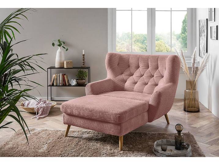 Fauteuil XXL Rose foncé Velours côtelé Poppy Chêne clair 121 x 104 x 158cm