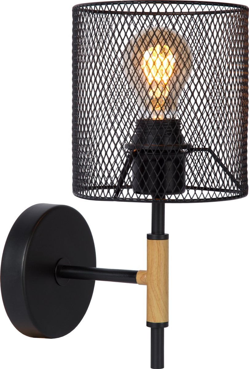 Lucide BASKETT Wandlamp - Zwart - Metaal en Hout