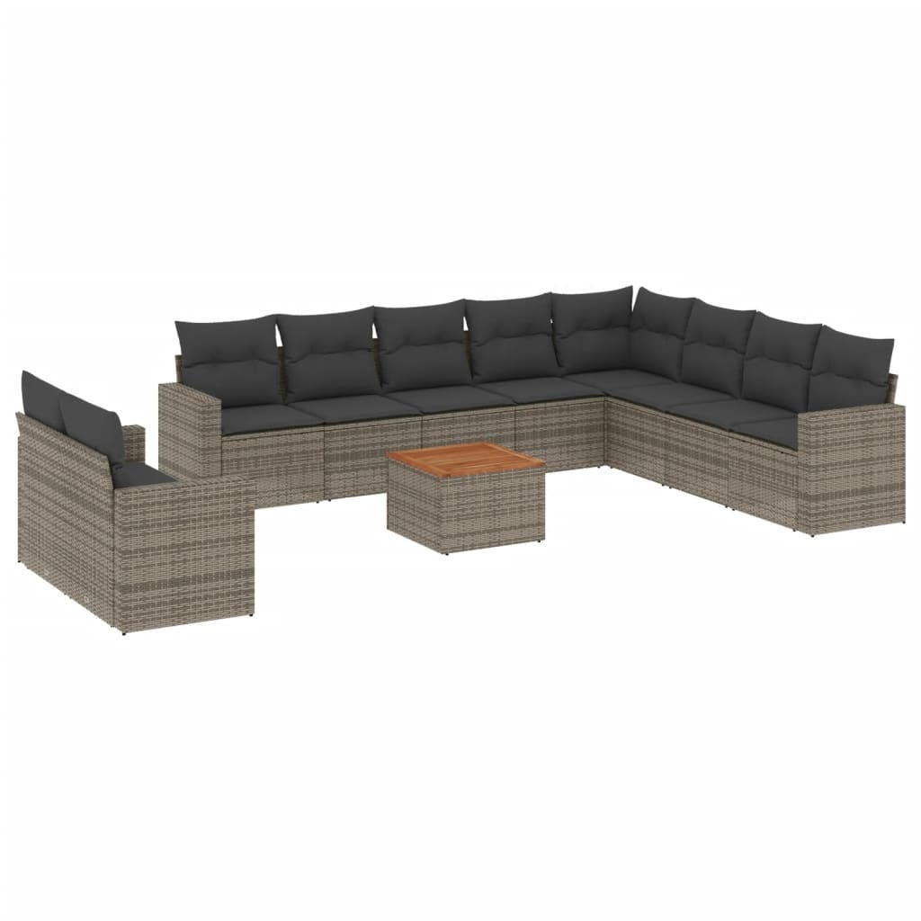 Modulares Garten-Loungeset, 11-teilige Sofagarnitur mit Stauraum, Poly Rattan & Akazienholz, UV-beständig, Grau
