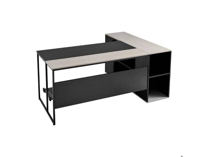 Rangement optimisé bureau de direction en L avec tiroirs armoire et support CPU pour ordinateur et travail