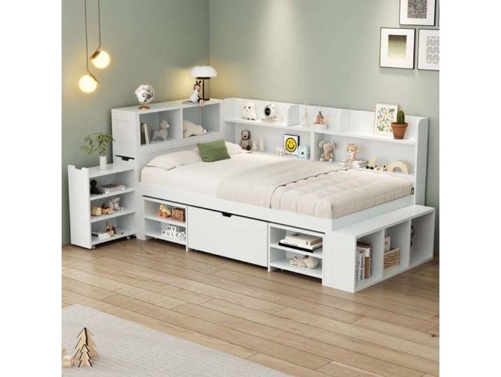 Lit simple - style contemporain - 90 x 200 cm - avec tiroirs et armoire - sommier à lattes